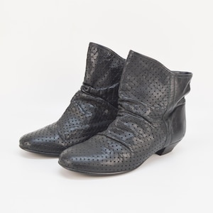 Vintage Black Leather Ankle Booties: Perforated Slouchy Boots EU 37