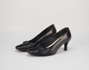 Vintage Black Leather Buckle Pumps - Marco Kitten Heel Shoes - Size 6.5US 37EU