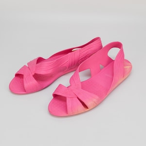 Vintage Rubber Sandals in Hot Pink | Retro Crisscross Cutout Open Toe Low Flat Heel Slingback Shoes for Women | Size EU 39 | Made in England