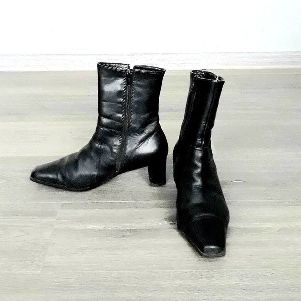 Vintage black leather ankle boots winter women block heel square toes size 4 UK Högl