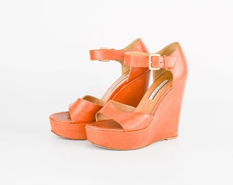 Todas las sandalias de plataforma de cuero en naranja / zapatos de tiras de tacón alto con punta abierta para mujer / talla EU 37 / Guglielmo Rotta / Made in Italy