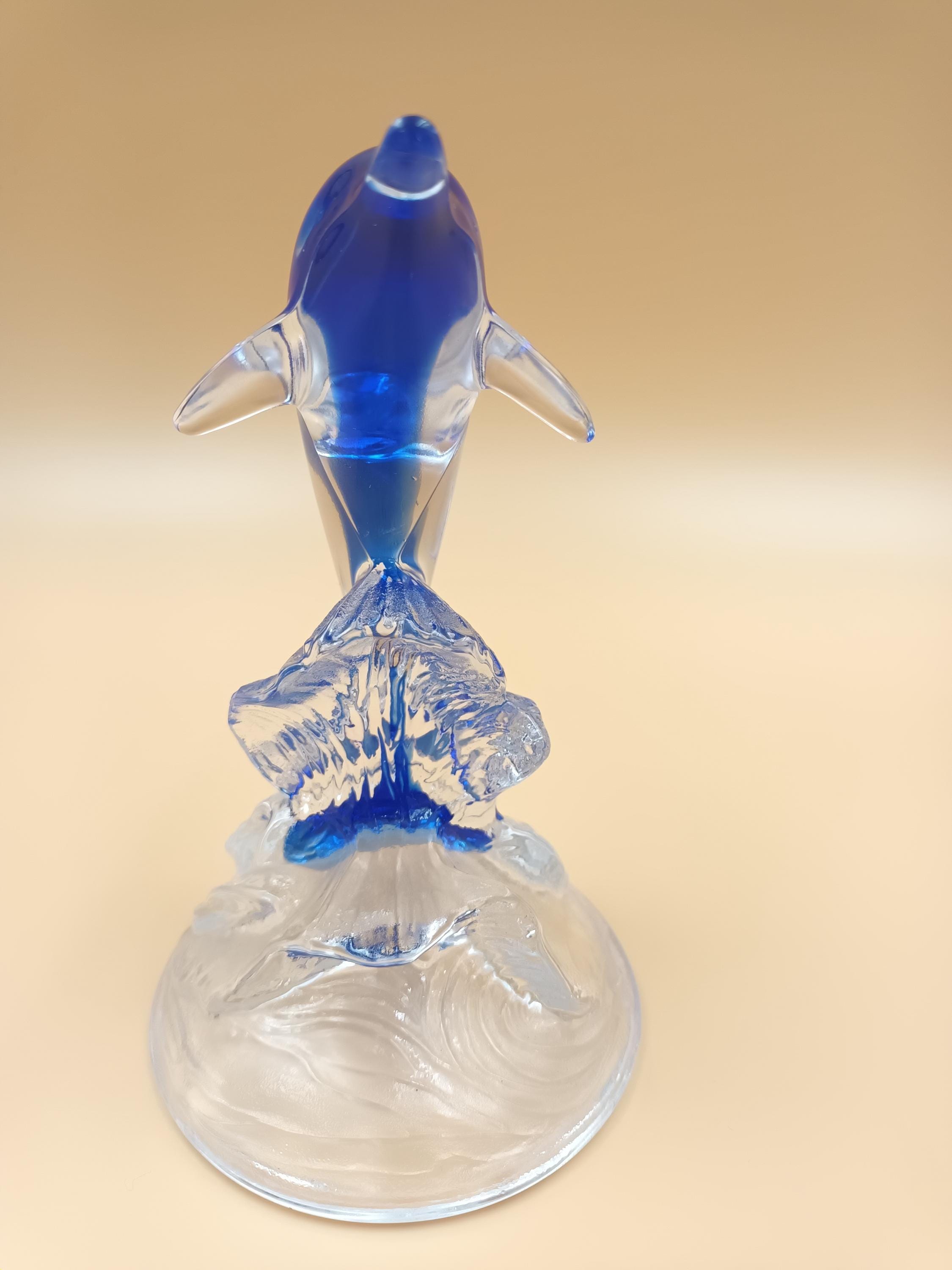 ヴィンテージアートガラスイルカ彫刻：コバルトブルーウェーブ