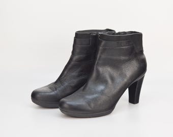 Vintage Black Leather Ankle Boots: Geox Block Heel, EU40 US8.5