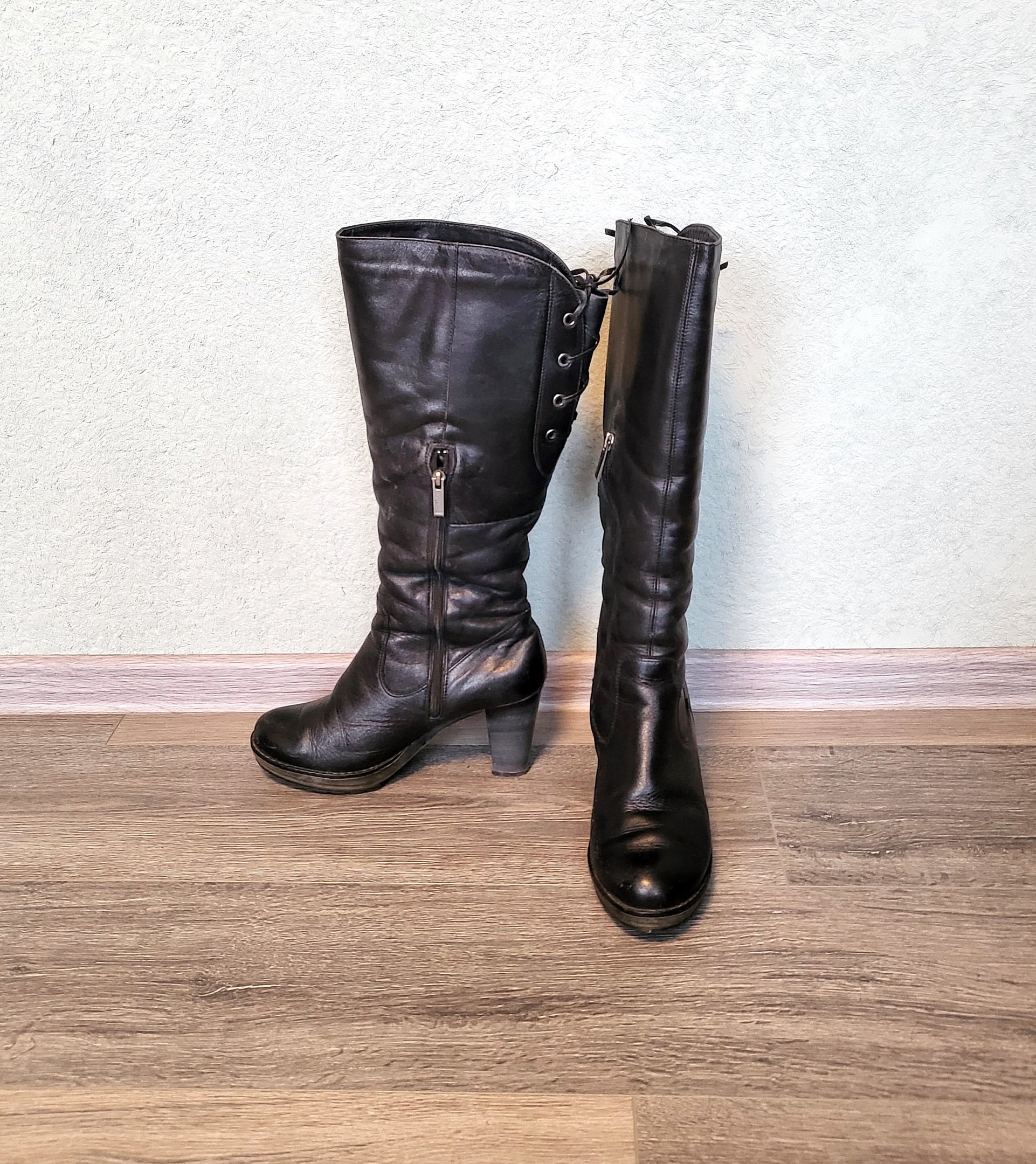 Vintage schwarze Leder Frauen Plateau Schnürung Knie Stiefel mit