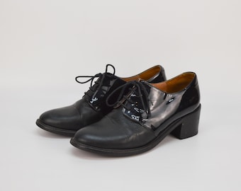 Chaussures richelieu vintage en cuir noir : derby à gros talons, pointure 39 EU