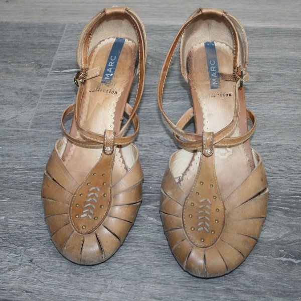 Zapatos de cuña de cuero marrón vintage mujeres sandalias de verano con tiras remaches rústicos Tamaño 38 UE Alemania