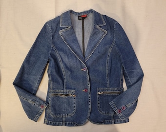 Jaqueta jeans azul vintage: blazer feminino com botões, M/G