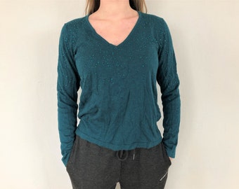 Vintage petrol green women Sweater Deadstock sparkle embellished rhinestones Jumper large size XL