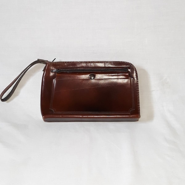 Vintage retro cognac brown vegan and leather clutch bag wallet festival women purse
