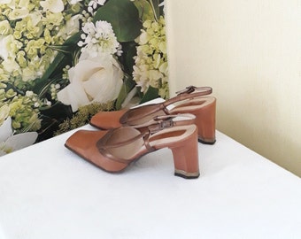 vintage brown leather women slingback shoes square toes block heels EU size 37 made in Italy