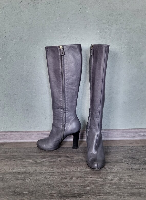 Vintage Grey Leather Knee Women Boots Heeled High Chunky Heels 38 EU Size Made in Italy Cavalli Etsy Canada