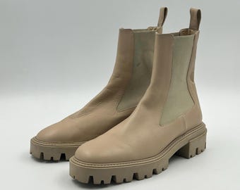 Leather Chelsea Ankle Boots: Beige Tan, Low Heel, Size 9.5 US
