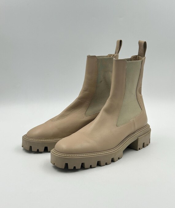 Leather Chelsea Ankle Boots: Beige Tan, Low Heel, Size 9.5  display picture 1