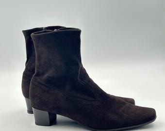 Vintage Suede Ankle Boots: Chestnut Brown Chunky Heel, Size 41EU