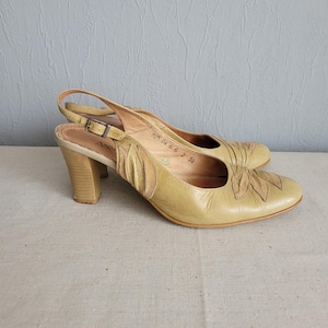 Vintage Leather Slingback Heels: Embroidered Strappy Sandals, Size 39EU