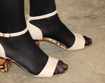 Vintage Leather Strappy Sandals: Snakeskin Block Heel, Women's Size 39