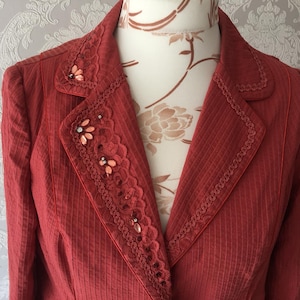 Vintage Embroidered coral red blazer / women jacket by Silk line / button up blouse / 1990s clothing