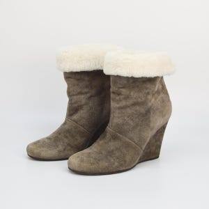 Vintage Suede Wedge Ankle Boots: Gray Fur-Lined Booties, EU 36