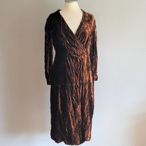 Vintage Brown Velvet Midi Dress: 70s Retro V-Neck