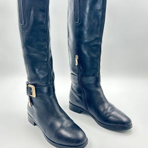 Vintage Black Leather Tall Boots: Buckle Detail, Size 7 US / 38 EU