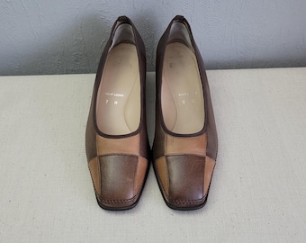 Vintage Two-Tone Brown Leather Loafers: Patchwork Square Toe Chunky Heel, UK 7
