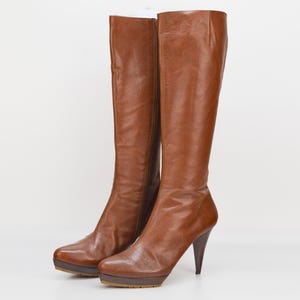 Pura Lopez Brown Leather Knee High Boots, Platform Cone Heel, EU 40