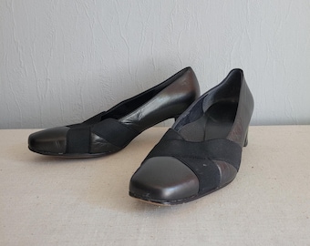Vintage Black Leather Loafers: Criss Cross Chunky Heel Pumps - Size 7.5US
