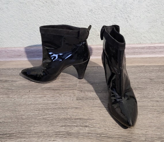 Vintage shiny black patent leather ankle boots fo… - image 1