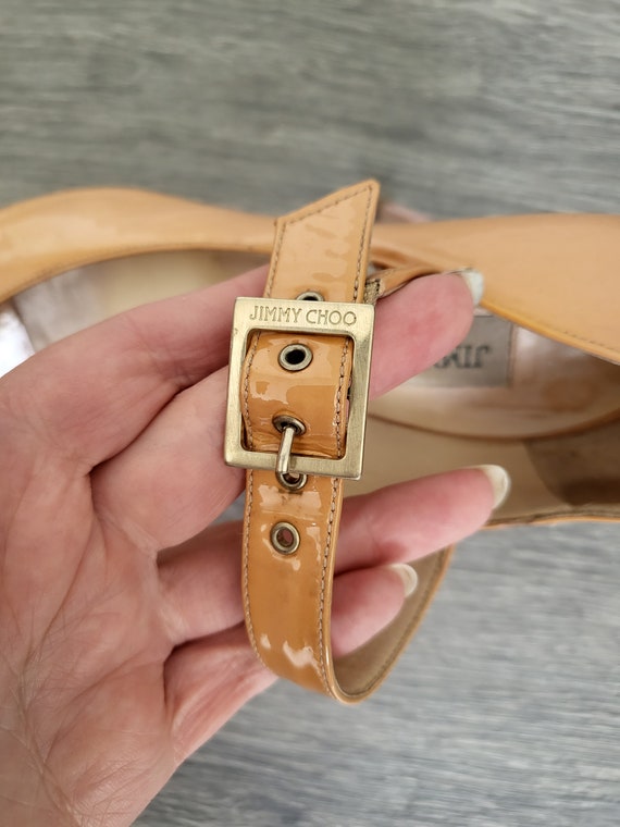 Vintage beige brown women peep toe sandals patent… - image 7