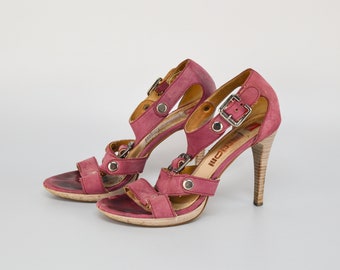 Vintage Leather Strappy Sandals: Mauve Pink Stiletto Heels, EU 36