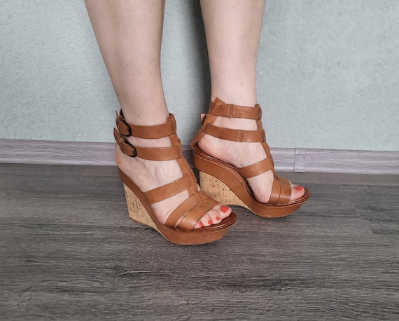 Vintage Brown Strappy Leather Women Sandals Platform Wedge Shoes Size EU 37 Made in Italy Etsy