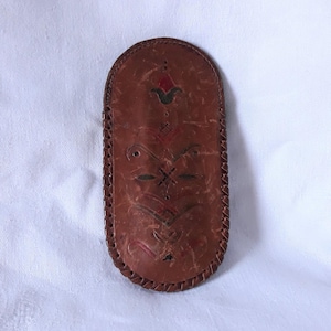 Custodia per occhiali vintage retrò in pelle marrone / portaocchiali decorato, custodia morbida per occhiali dell'era URSS