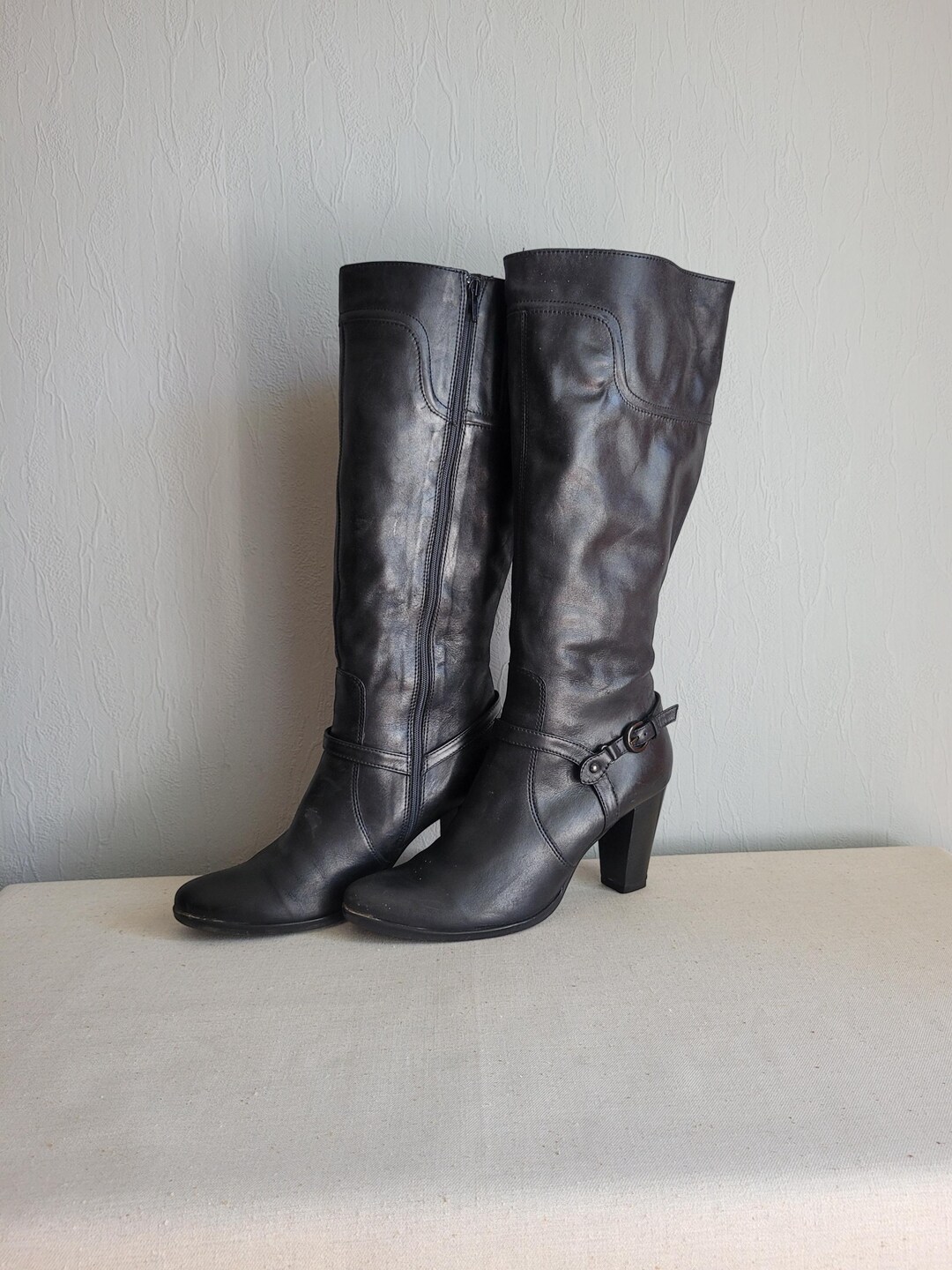 Vintage Leather Knee High Boots in Black Decorative Buckle Zip up ...