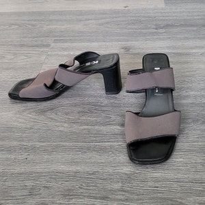 Vintage Y2K Leather Mules: Grey Strappy Block Heel Sandals (UK 4 / EU 37)