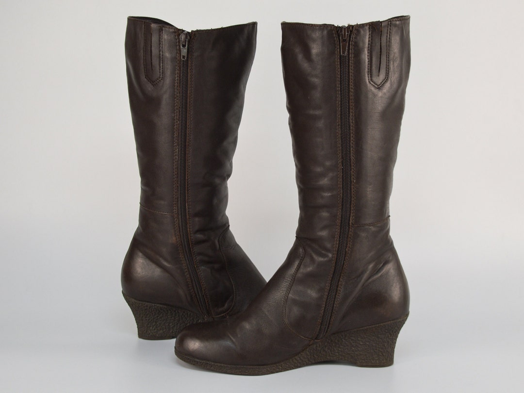 Vintage Dark Brown Leather Knee Boots: Fur Lined Wedge Heel, EU 38 - Etsy