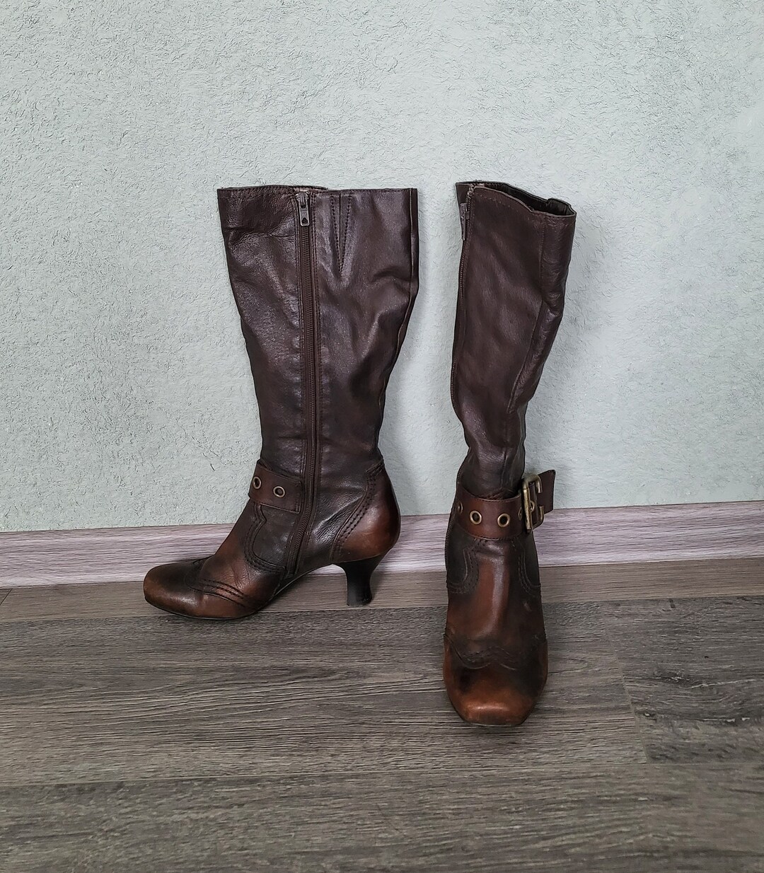 Vintage Dark Brown Leather Calf Boots Women Size EU 38 Wingtip Square Toe Boot With Buckles
