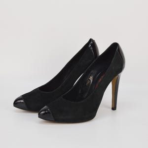 Vintage Black Suede Stiletto Pumps: Laura Amat, Patent Cap Toe (EU 39 / US 8)