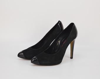 Vintage Black Suede Stiletto Pumps: Laura Amat, Patent Cap Toe (EU 39 / US 8)