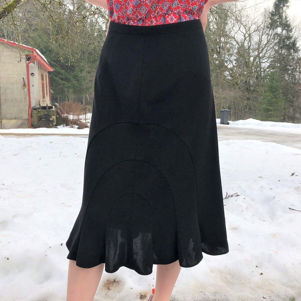 vintage femme noir textile perlé jupe flounce midi une ligne jupes plus taille