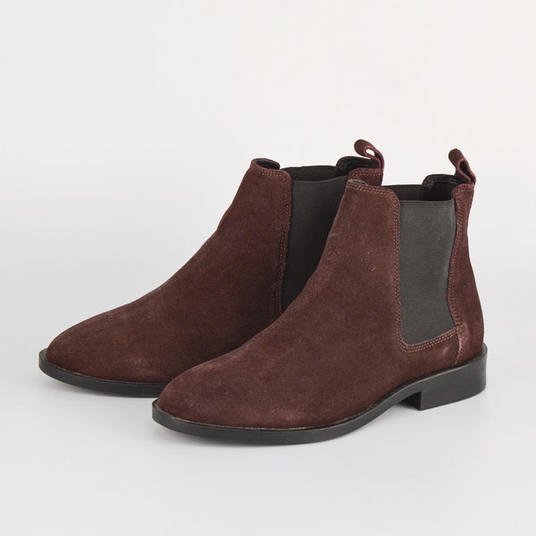 Suede Leather Chelsea Ankle Booties in Wine Purple | Round Toe Low Heel Pull On Boots for Women | Size UK 3 | Asos