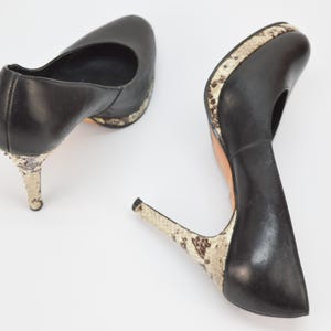 Vintage Black Leather Stiletto Pumps: Reptile Heel, Size 39EU/8US