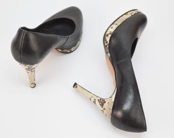 Vintage Black Leather Stiletto Pumps: Reptile Heel, Size 39EU/8US