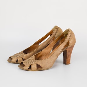 Vintage Tan Leather Peep Toe Heels - Woven Detail Size 40 EU