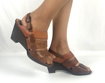 Vintage Clarks Leather Wedge Sandals: Brown Slingback Shoes EU39