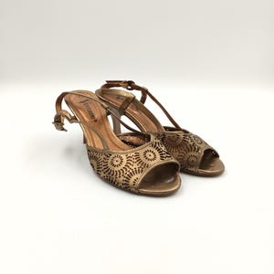 Vintage Gold Slingback Sandals: Vegan Leather Open Toe Shoes, EU39 US8