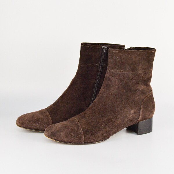 Suede Leather Zipped Ankle Booties in Choco Brown | Round Toe Low Chunky Heel Boots for Women | Size EU 39 | Flenziec Lensoni