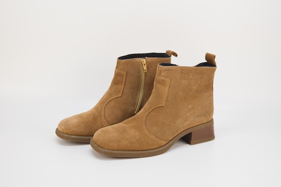 Vintage Suede Ankle Boots: Tan Brown Leather Booties, US 9  display picture 2