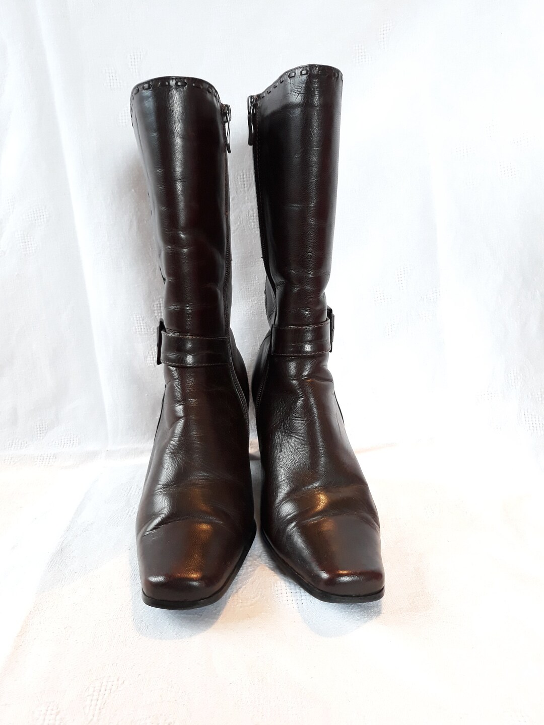 Vintage Dark Brown Leather Calf Boots Chunky Heels Square Toes Size 38 EU Women Spanish Etsy