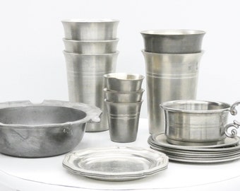 German Elegance Set of 20 Vintage Pewter Drinkware and Dishes Exquisite Collection tableware