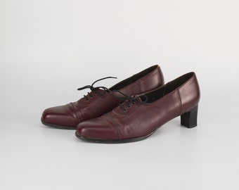 Leather Oxford Shoes in Burgundy Red | Chunky Heel Lace Up Shoes for Women | Size UK 8 | Nil Simile | Made in England